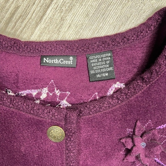 Vintage North Crest Fleece Sweater Cardigan Embroidered Floral Purple Sz 14/16W - Picture 3 of 10